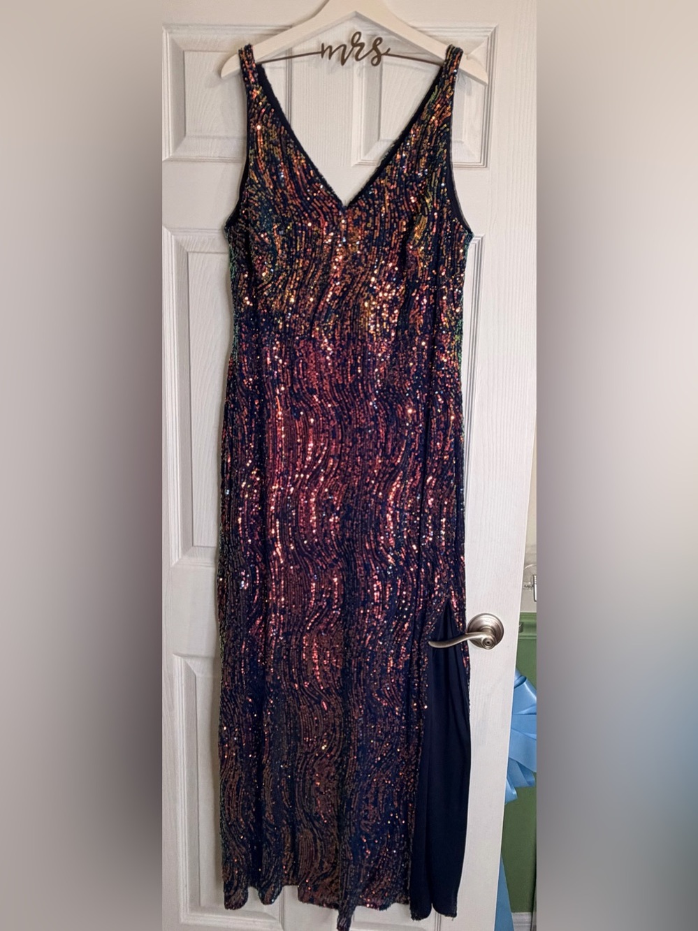 🪩 Nightway 18W Iridescent Rainbow Sequin Navy Formal Maxi Gown